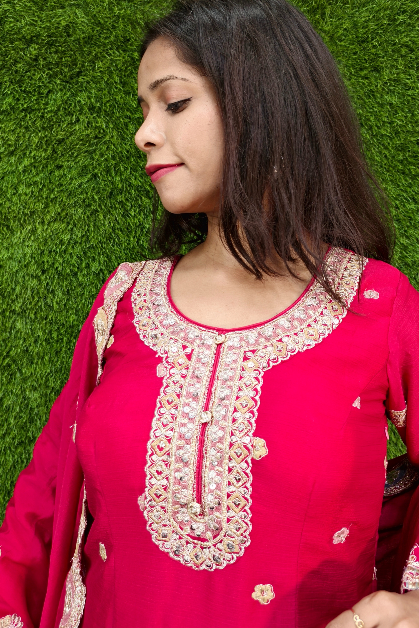 Beautiful Contrast Embroidery Sharara suit in Hot Pink.