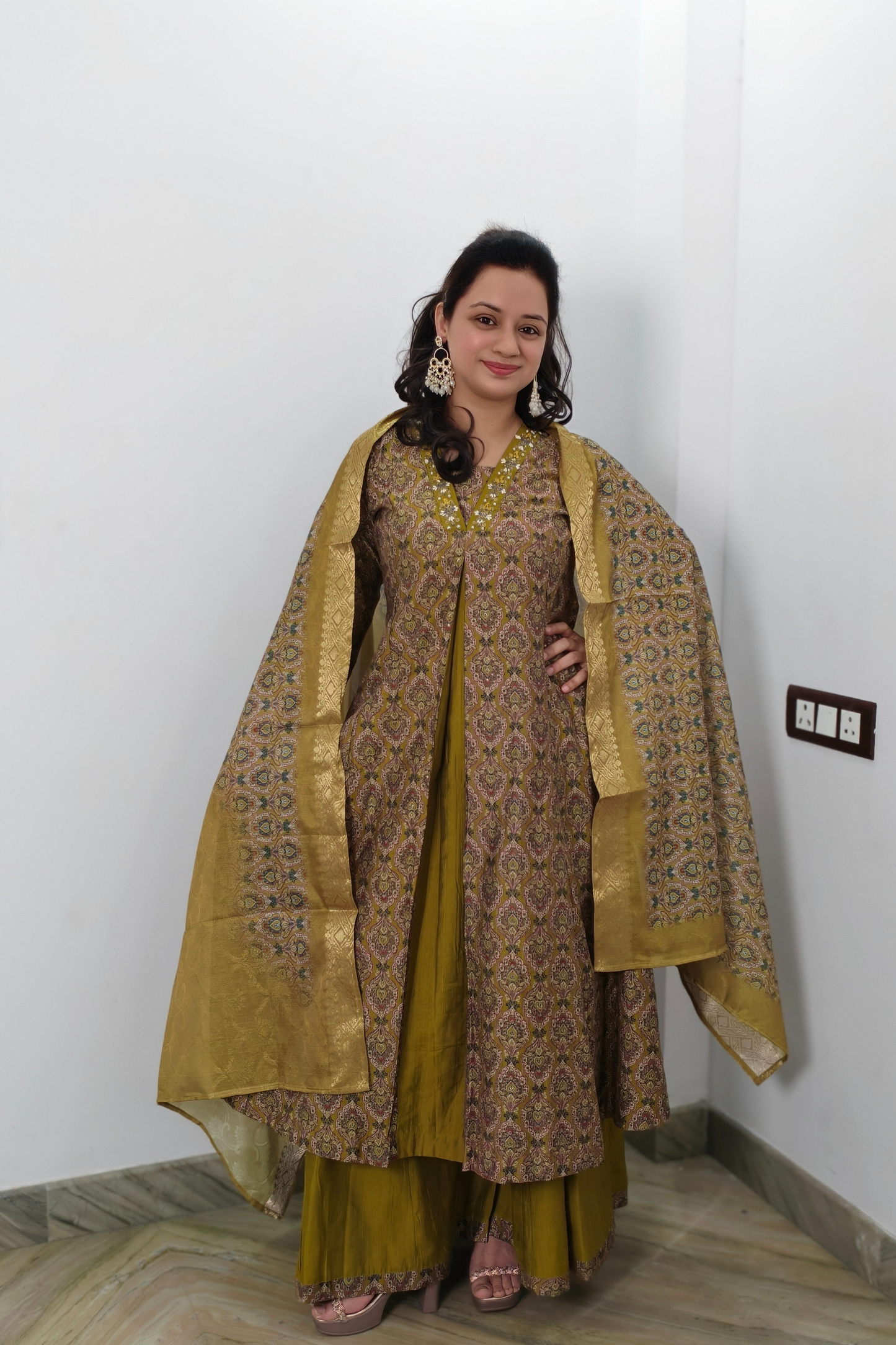 Stylish Silk Printed Aline Kurta Set in Mehndi Colour