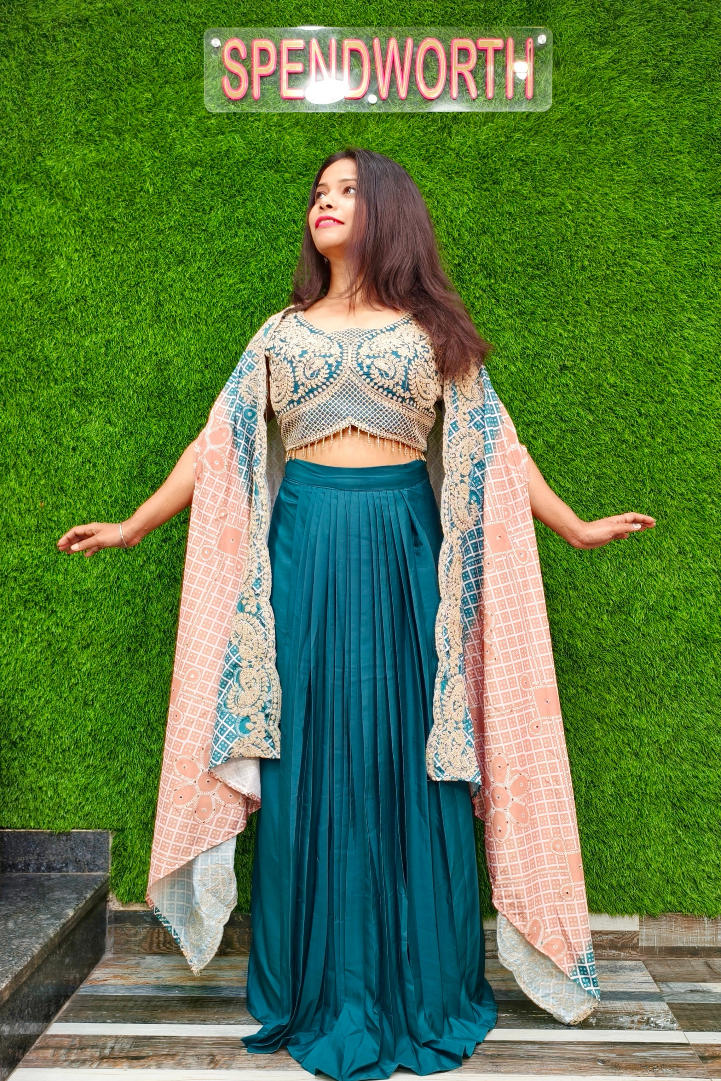 Indo Western dress with shrug in tie die shade