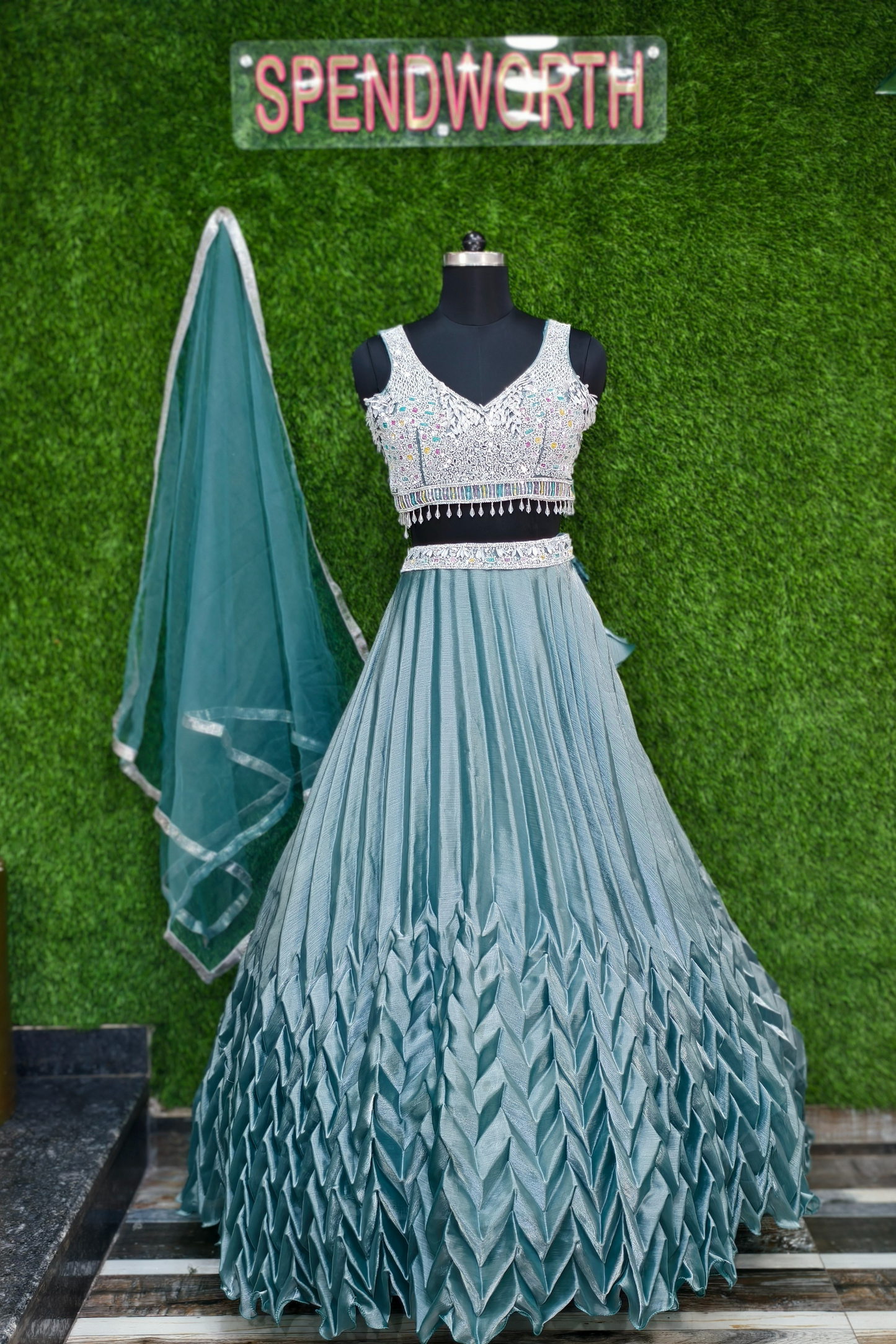 Box Pleated Crop Top Skirt with Hand Work Blouse