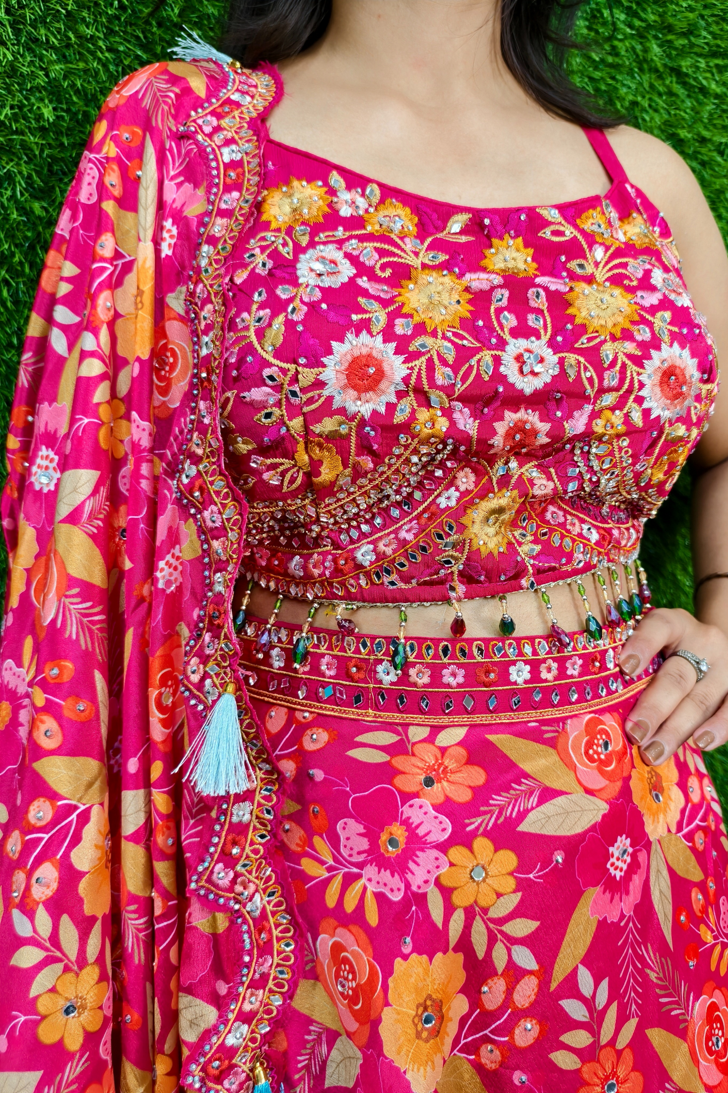 Printed Crop Top Skirt with Shrug for Sangeet Ceremony