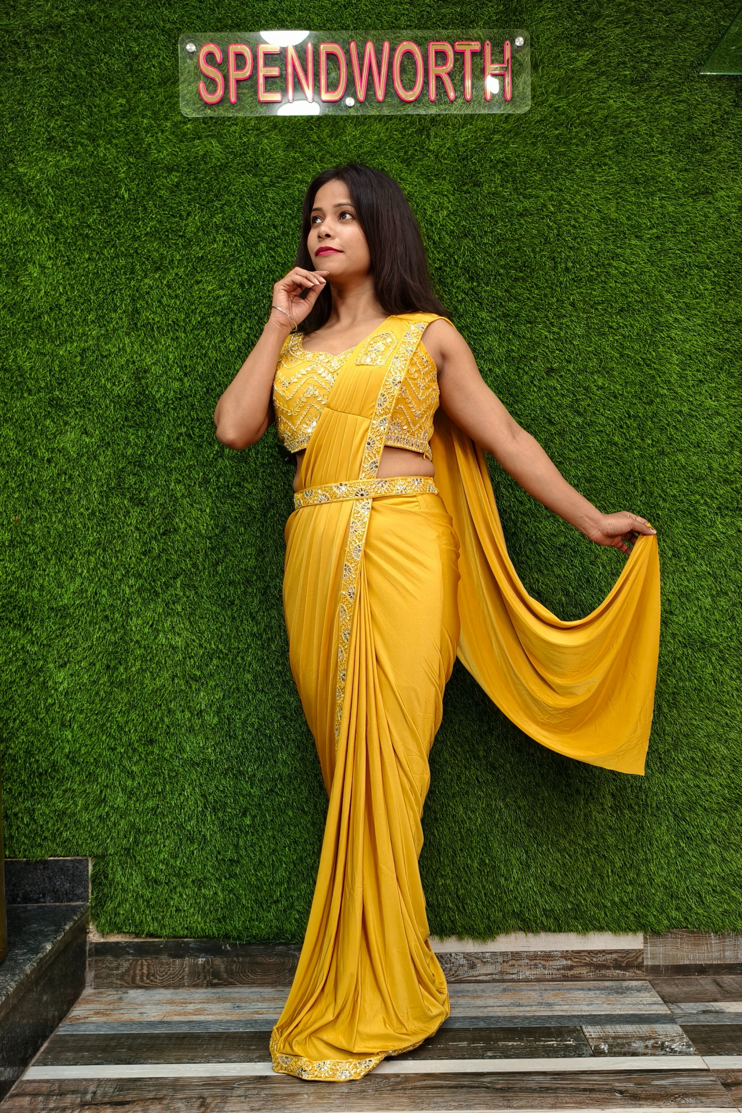 Drape Dress with Jacket For Haldi Ceremony.