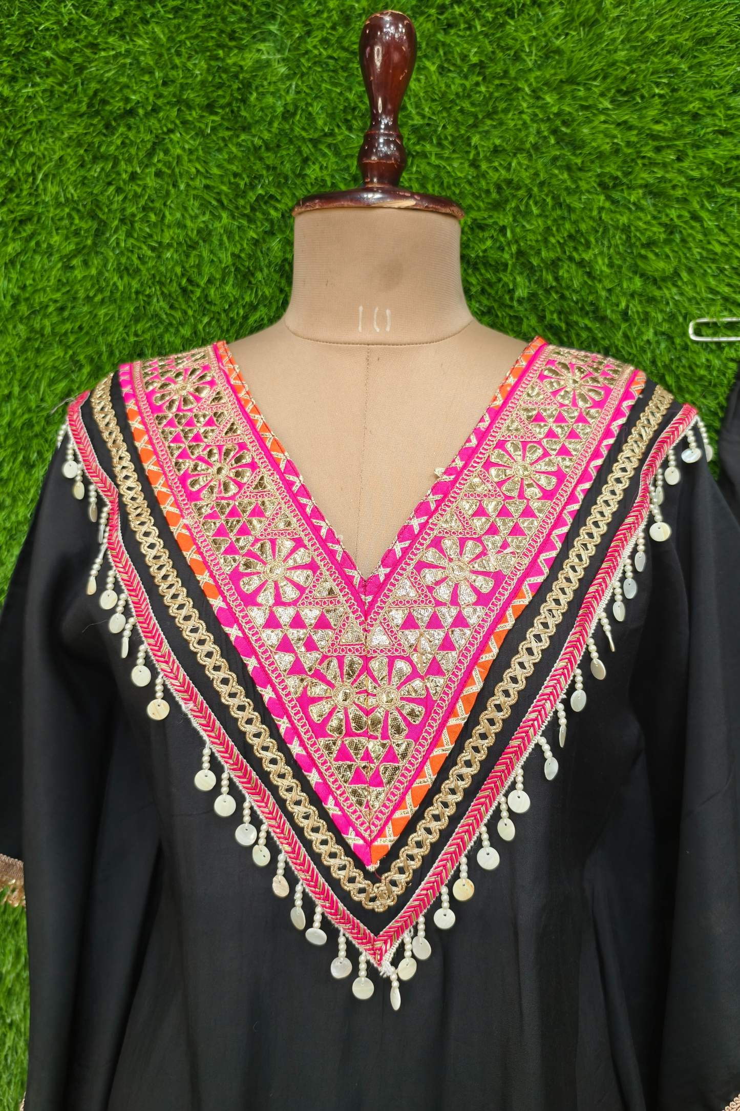 Roman silk Designer V neck Gota Patti work Embroidered Kaftan