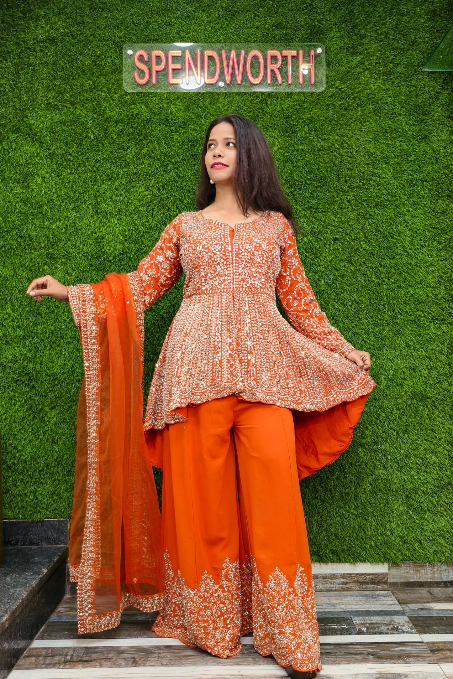 Mirror work Tail Cut Sharara suit in Orange.