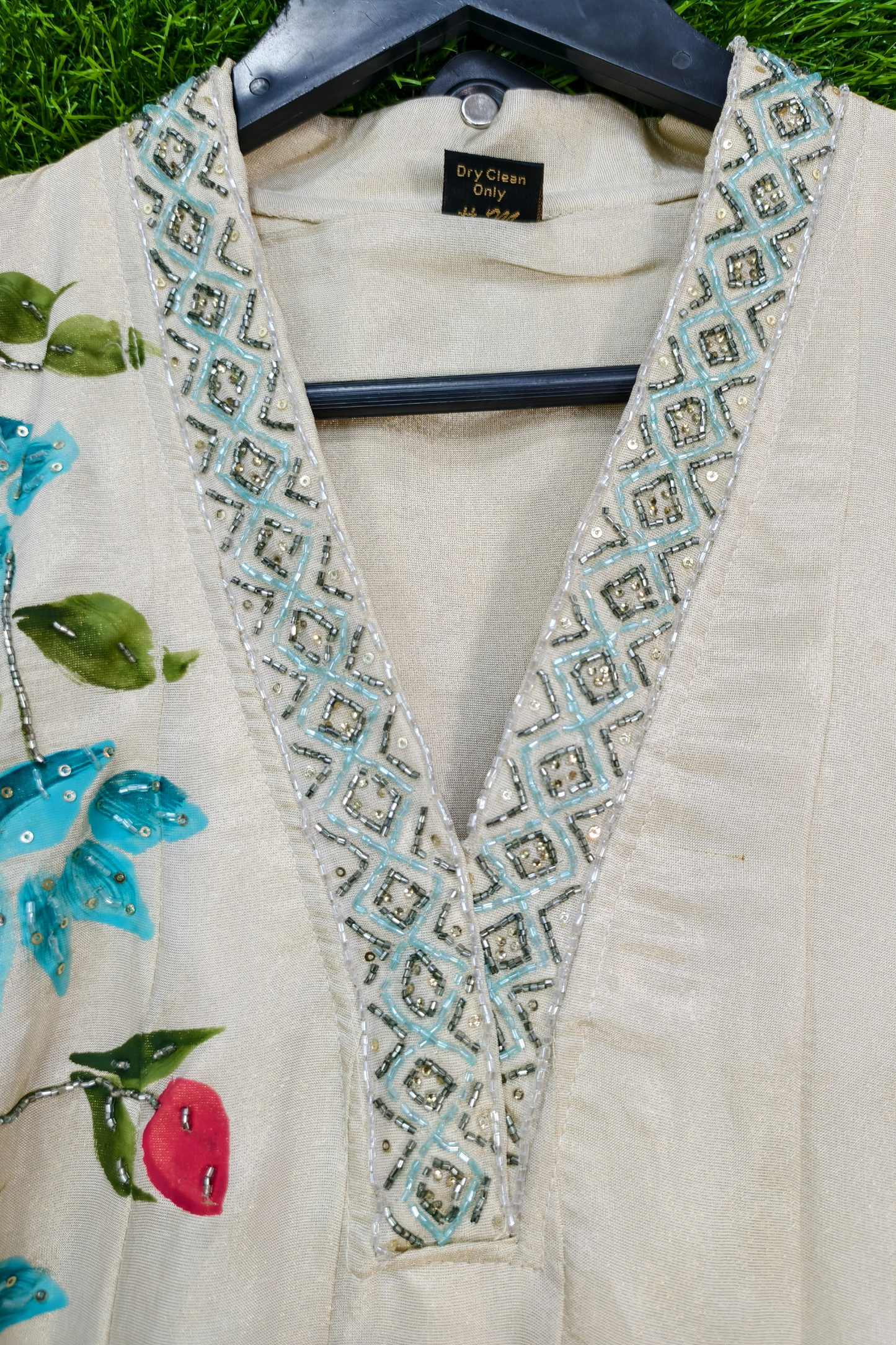V Neck Embroidered Tissue Silk Kurta with Pants and Dupatta