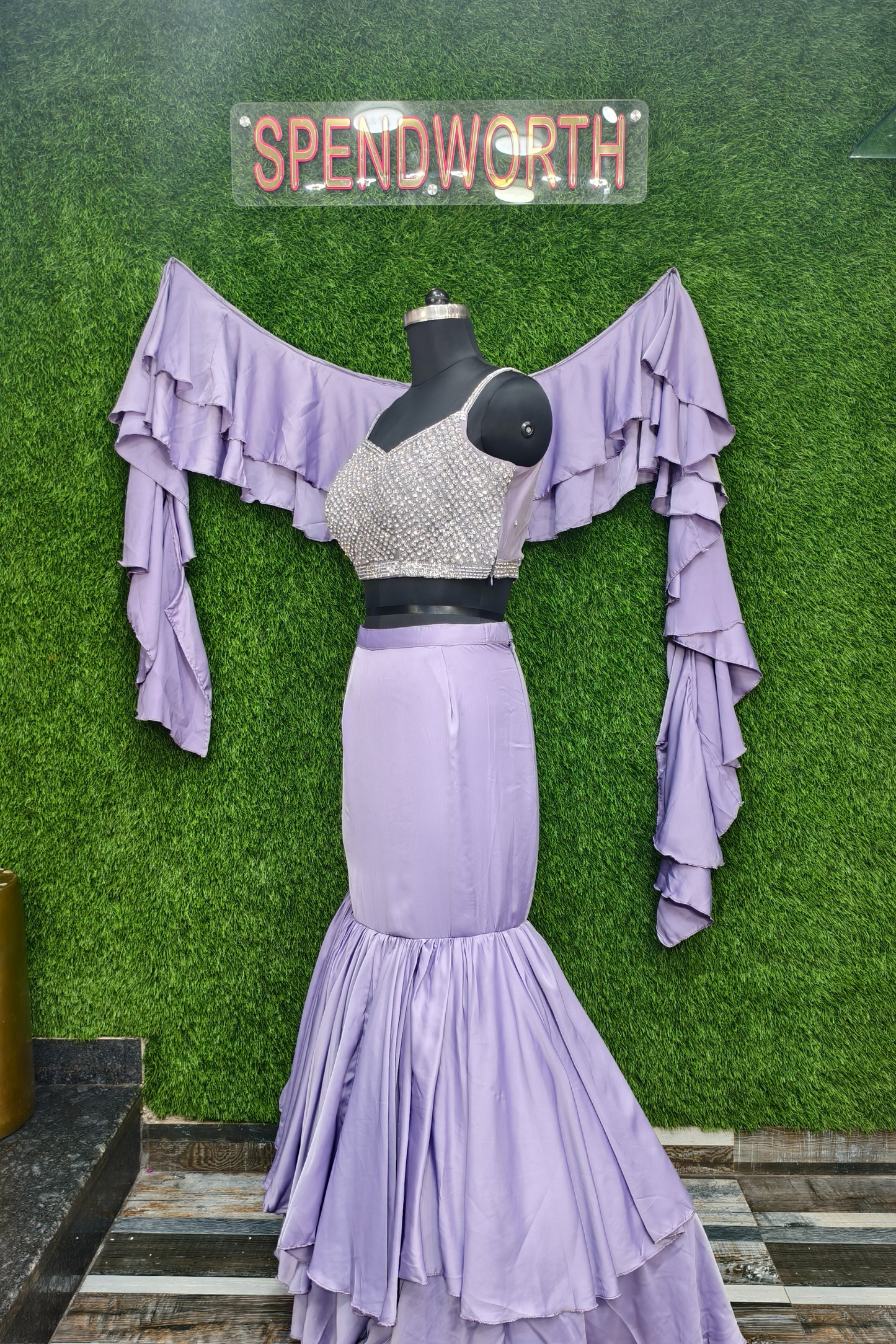 Fish Cut Crop Top Skirt Dress in purple