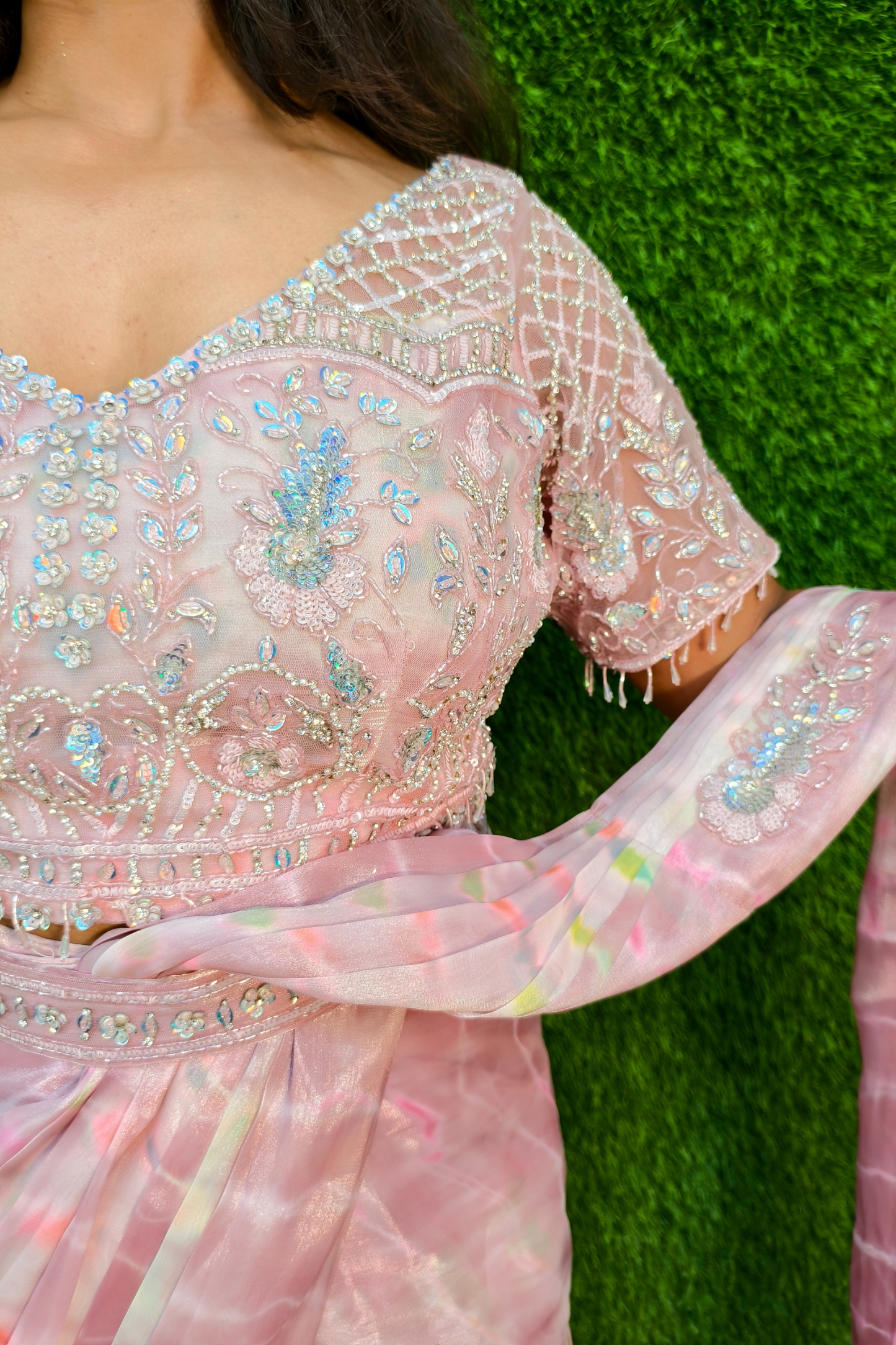 Hand Embellished Blouse Drape Saree in Pink.
