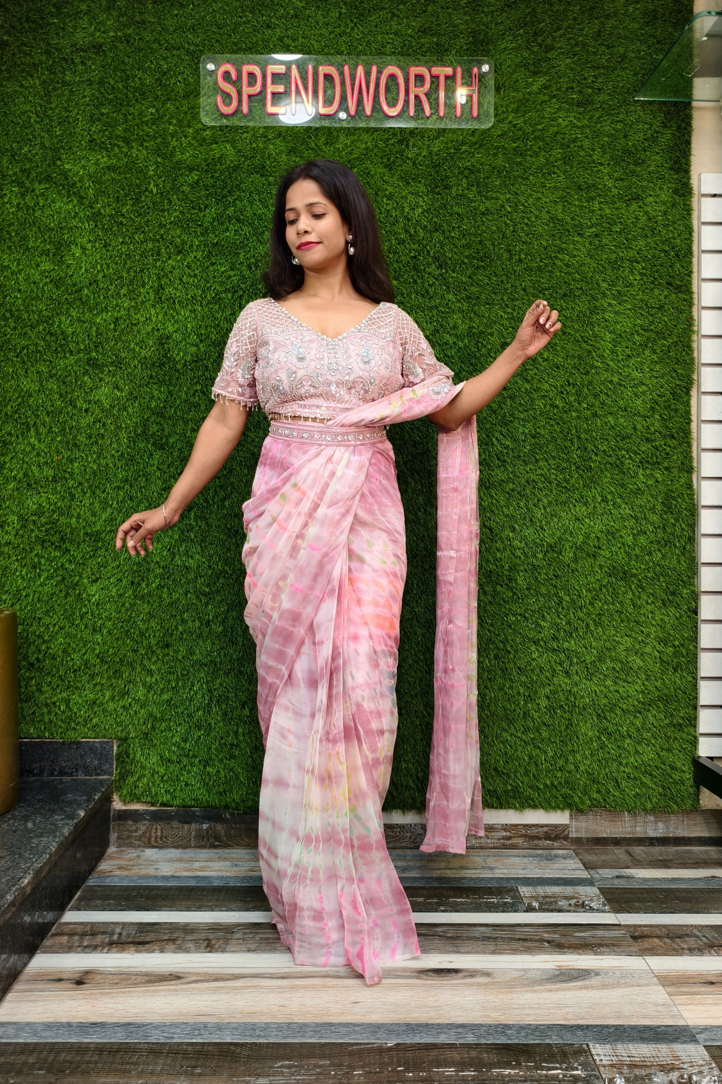 Hand Embellished Blouse Drape Saree in Pink.