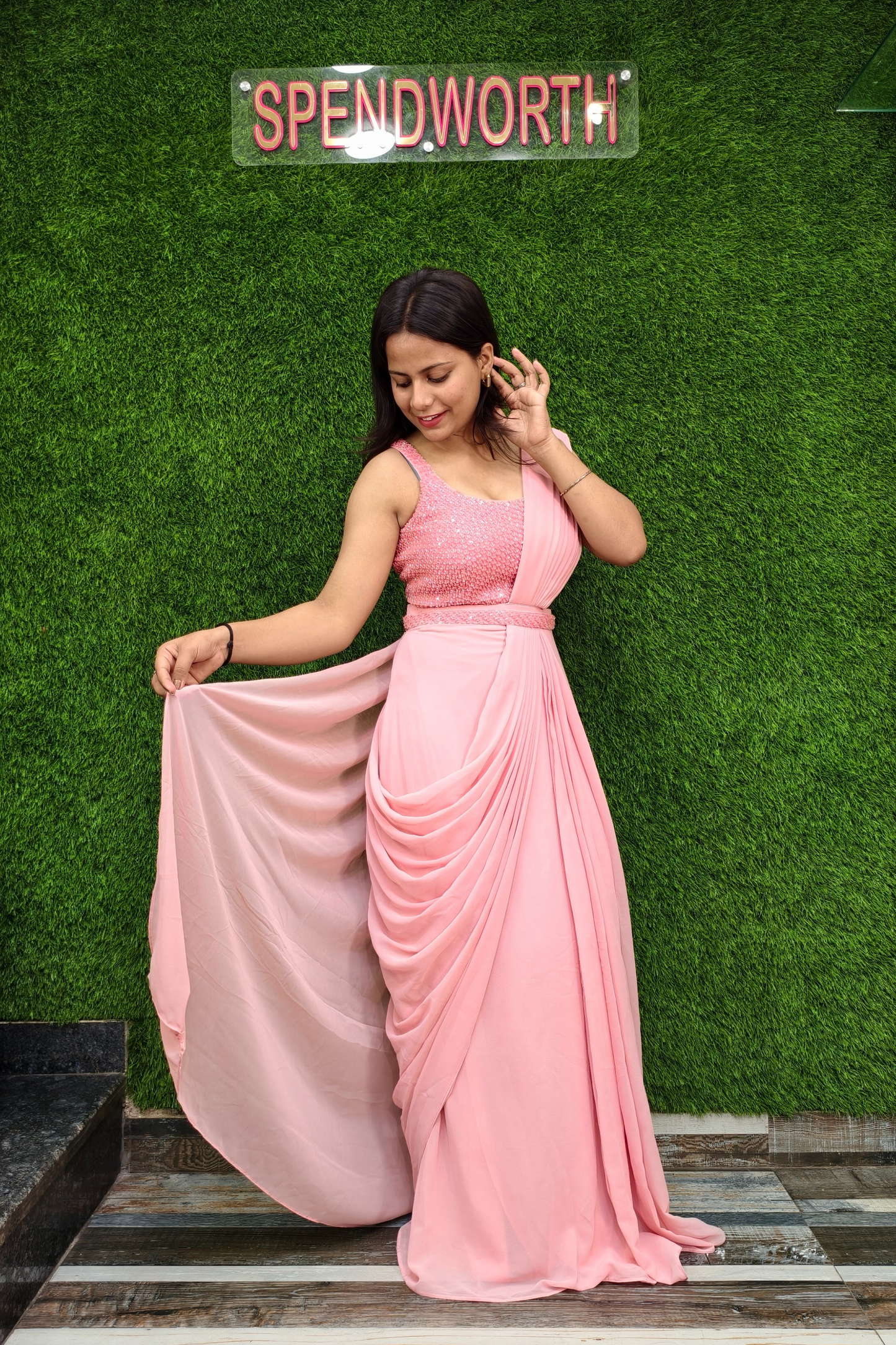 Girlish Ready to wear Drape Saree in Pink.