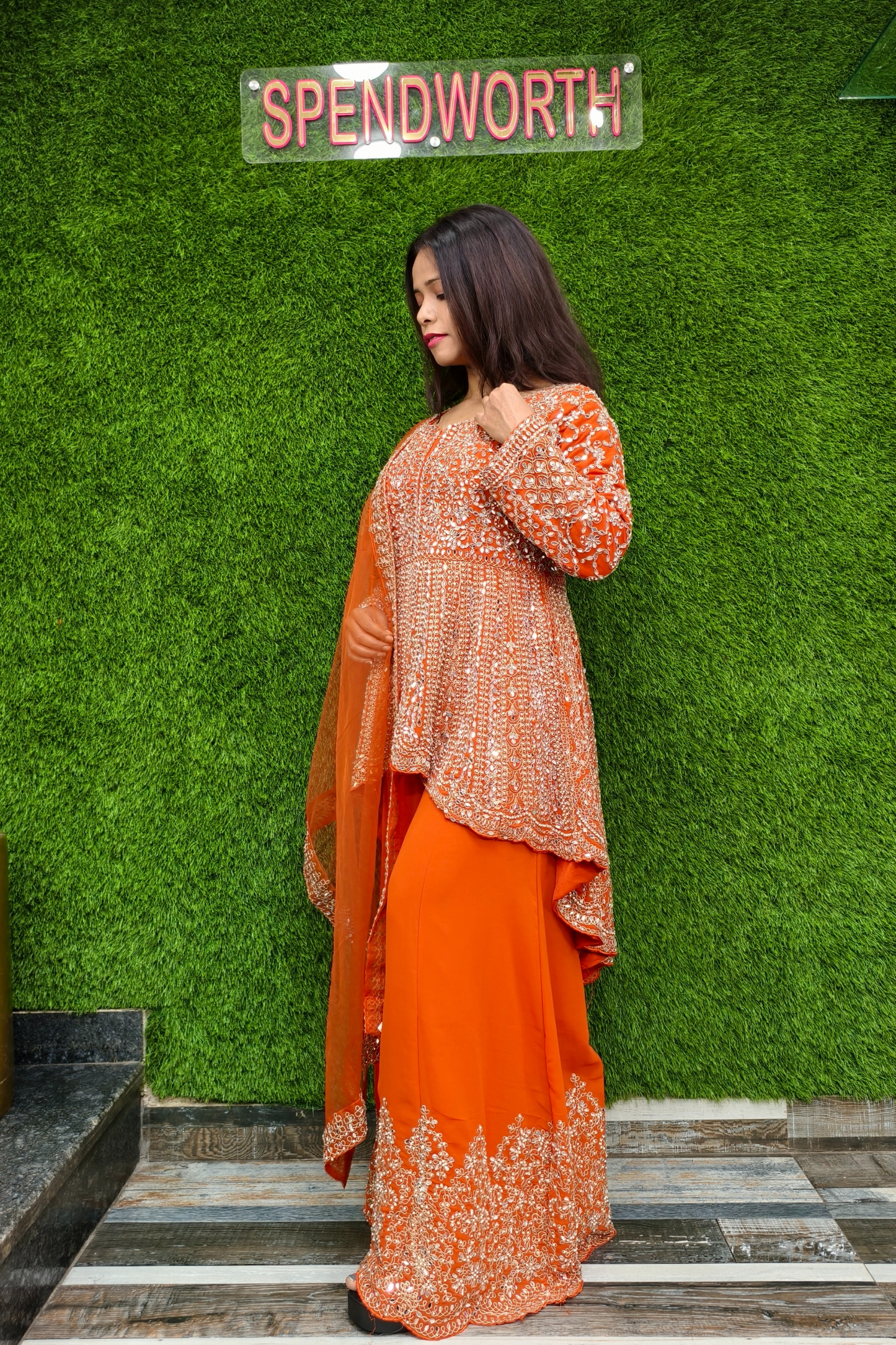 Mirror work Tail Cut Sharara suit in Orange.