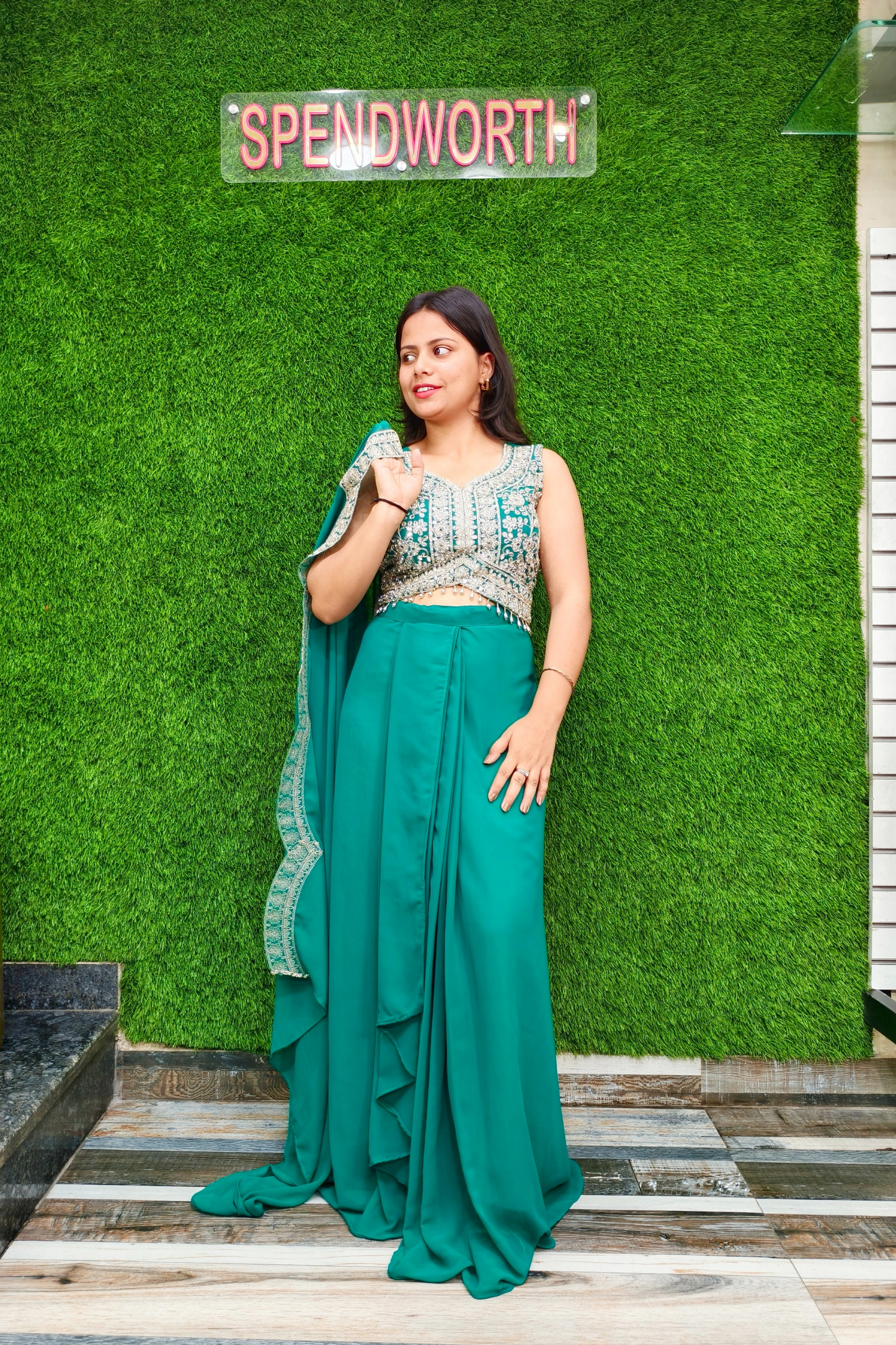 Indo Western Dress with Shrug in Firozi