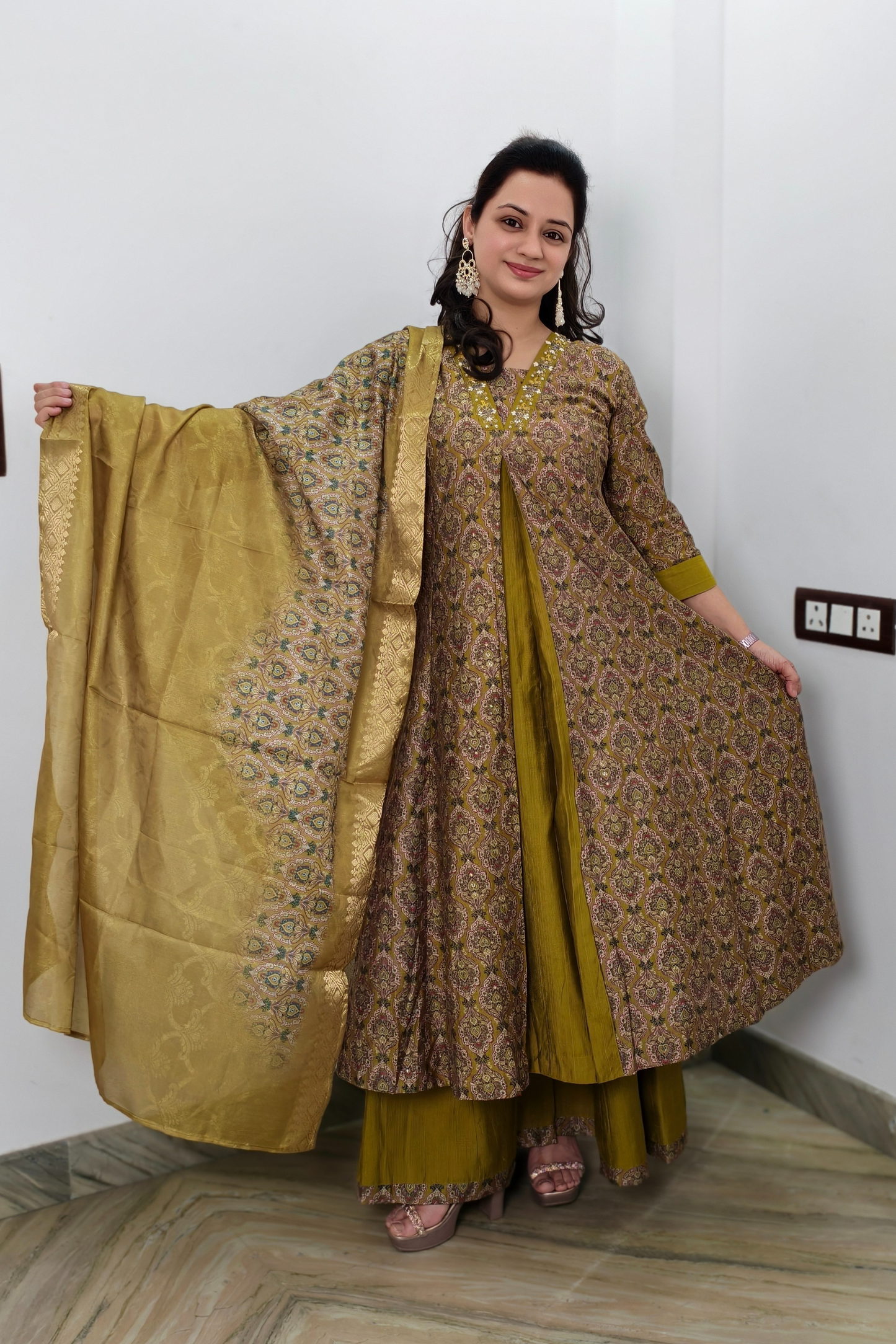 Stylish Silk Printed Aline Kurta Set in Mehndi Colour