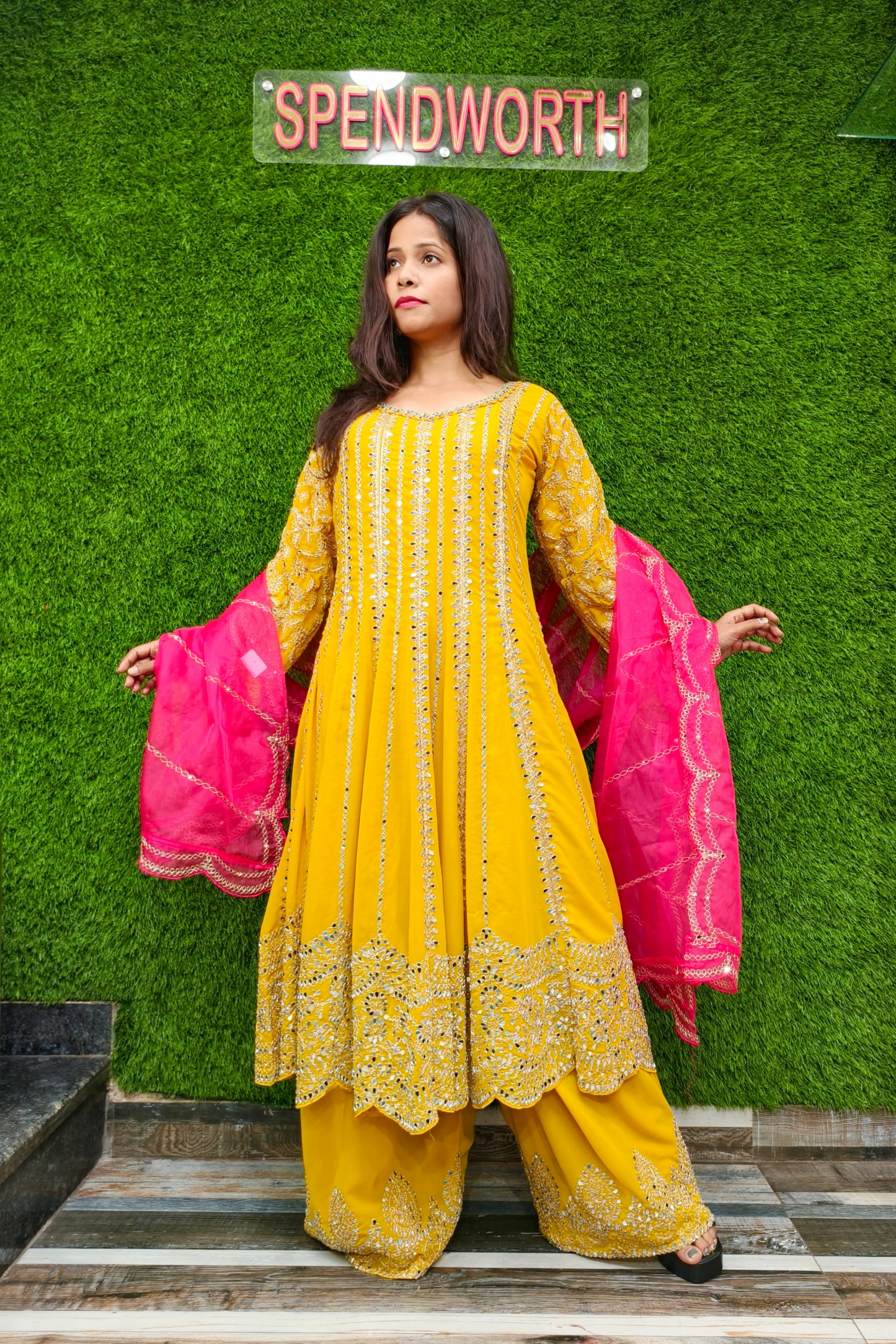 Mirror Work long Anarkali Partywear Suit with PLazo.