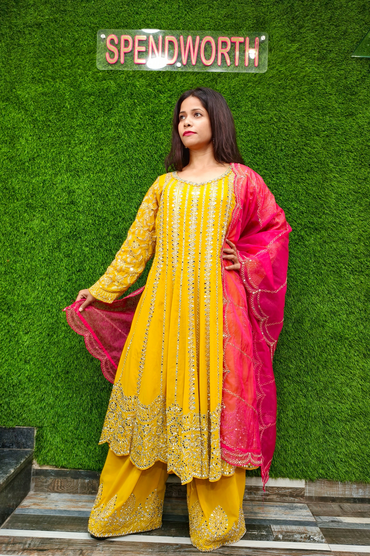 Mirror Work long Anarkali Partywear Suit with PLazo.