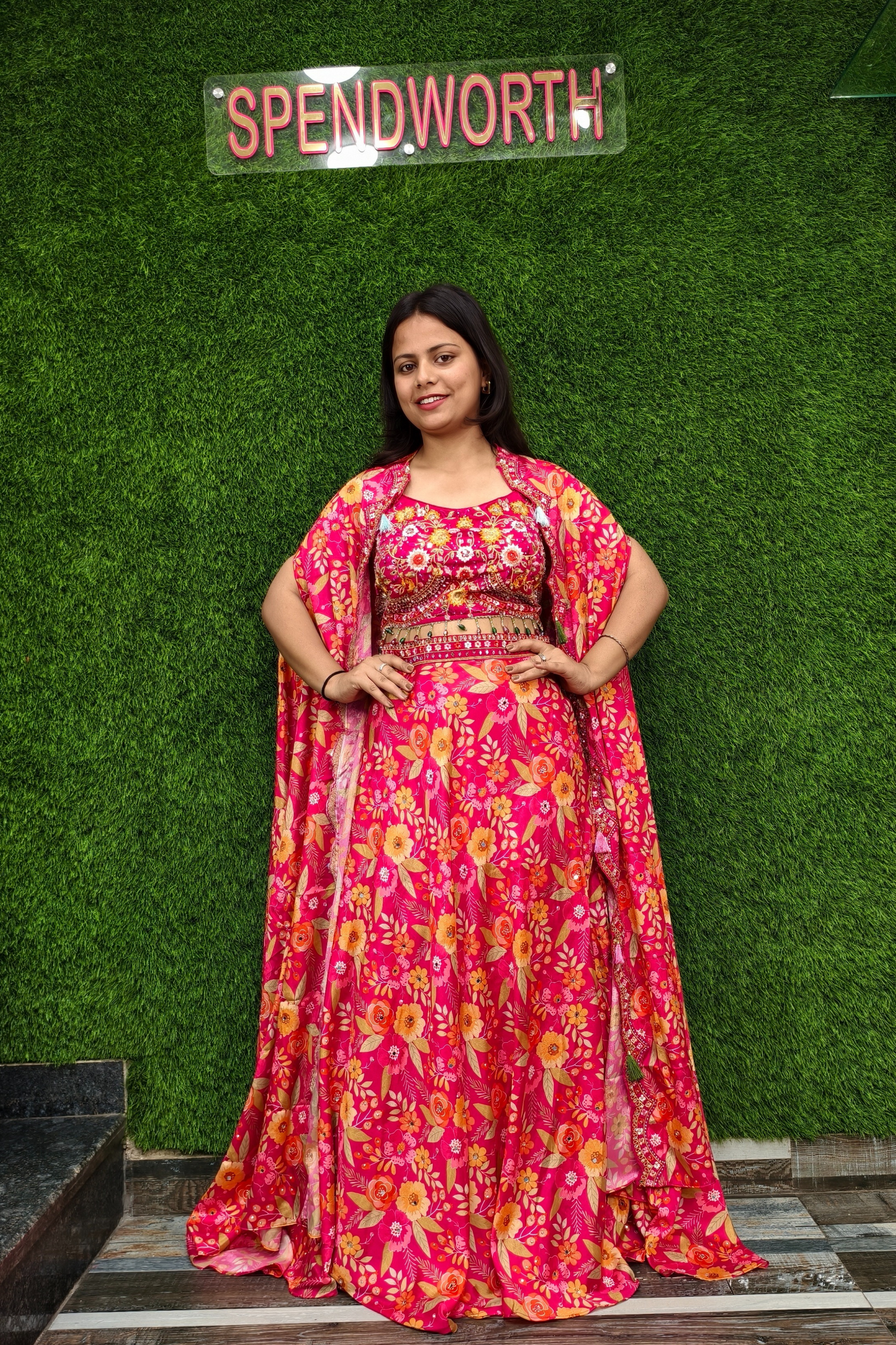 Printed Crop Top Skirt with Shrug for Sangeet Ceremony