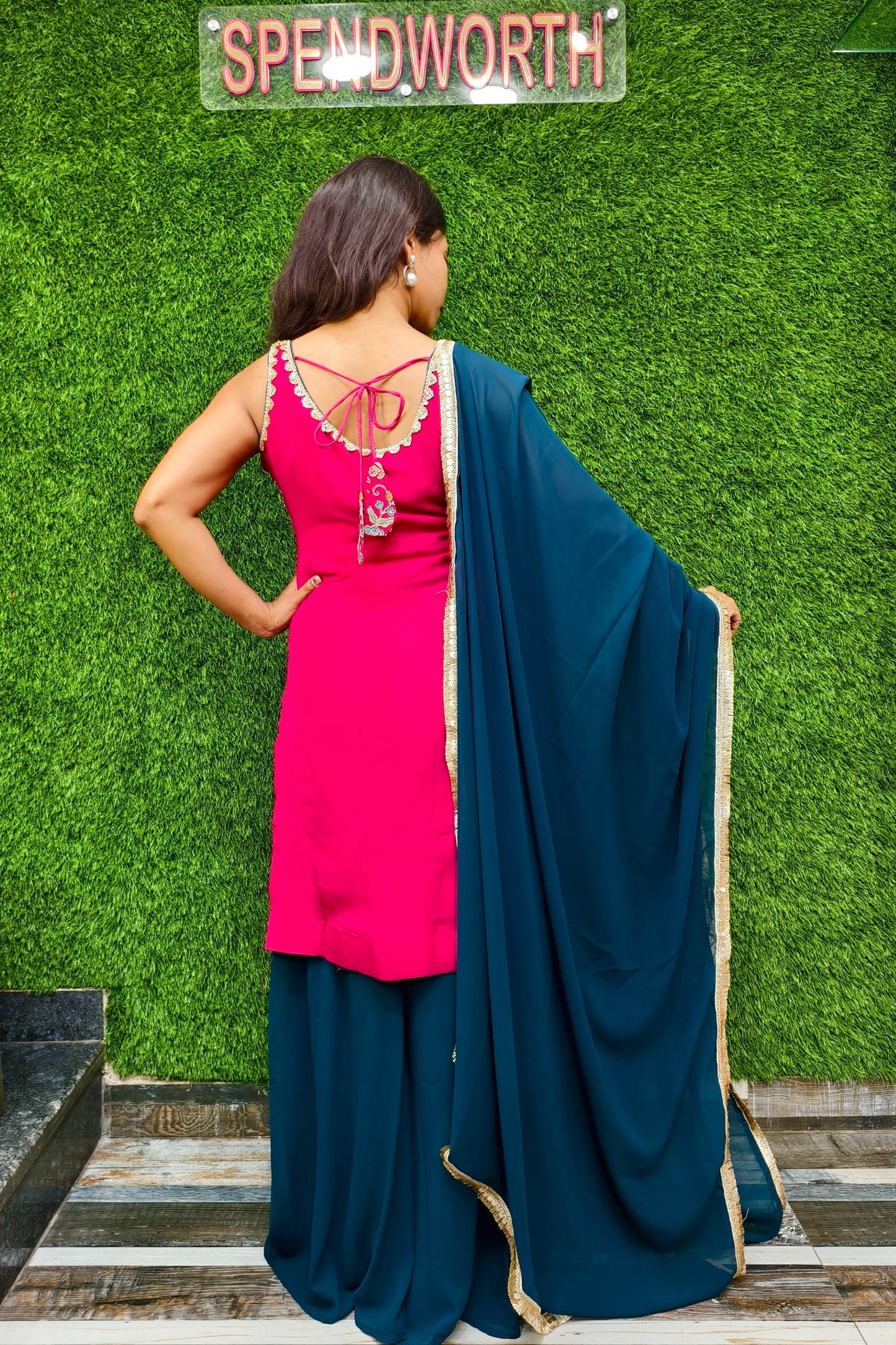 Beautiful Partywear Contrast Sharara Suit in hot Pink