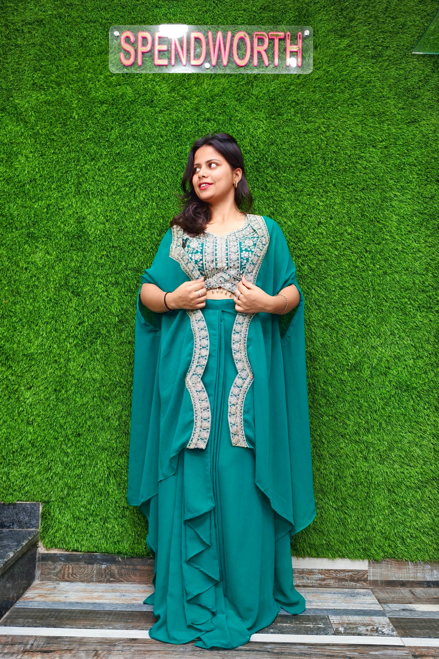 Indo Western Dress with Shrug in Firozi