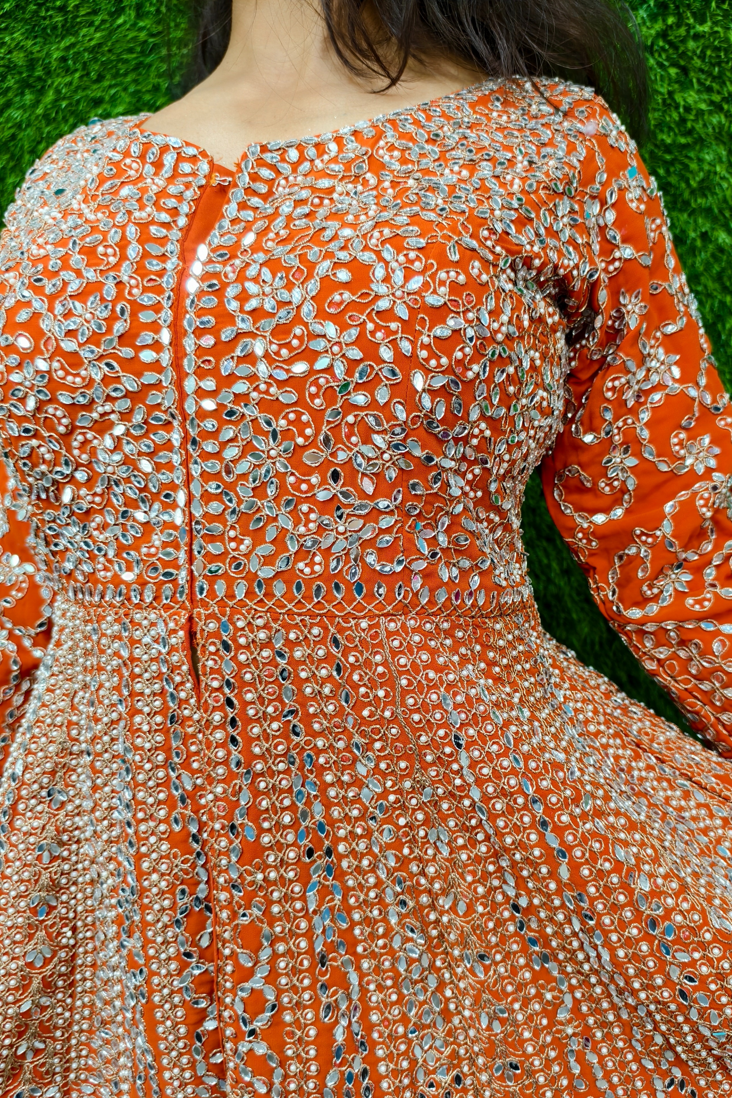 Mirror work Tail Cut Sharara suit in Orange.