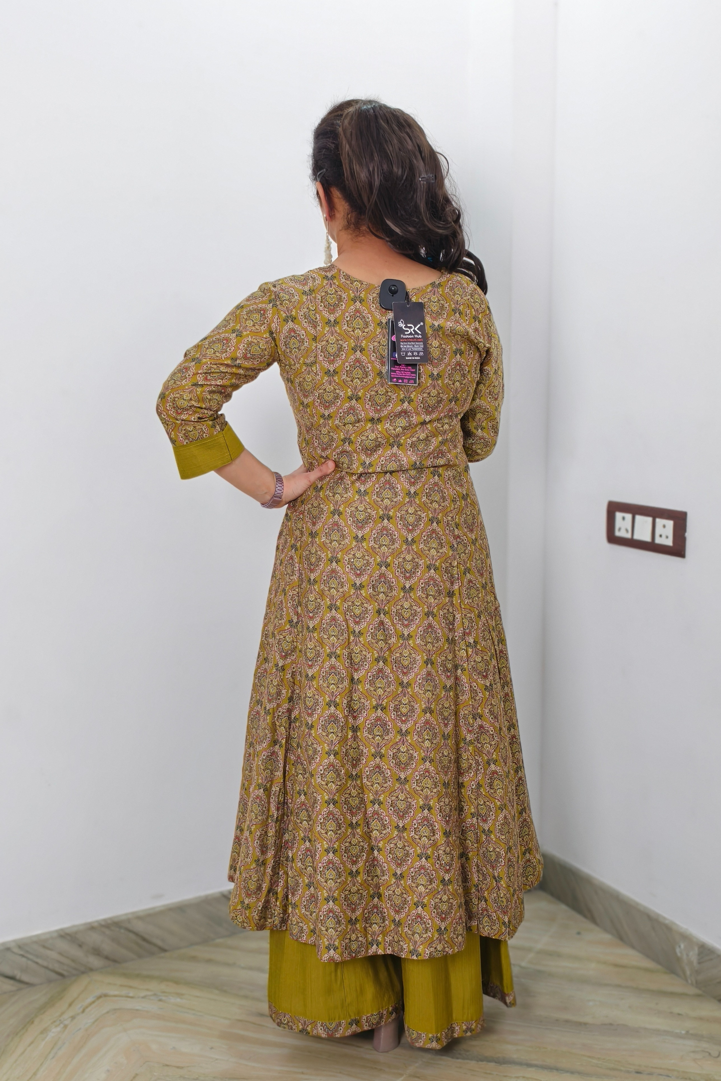 Stylish Silk Printed Aline Kurta Set in Mehndi Colour