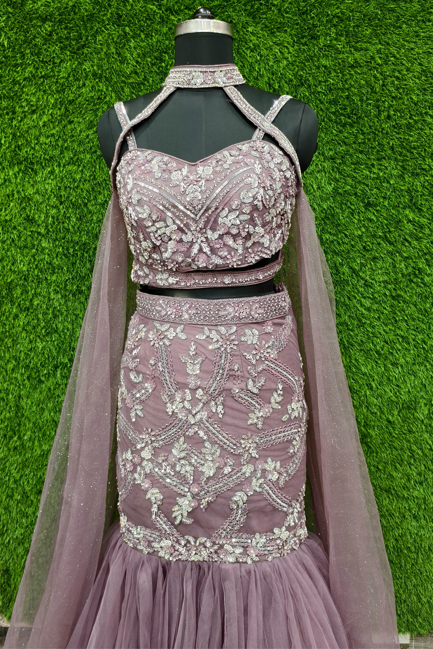 Designer hand embroidered fish cut lehenga choli