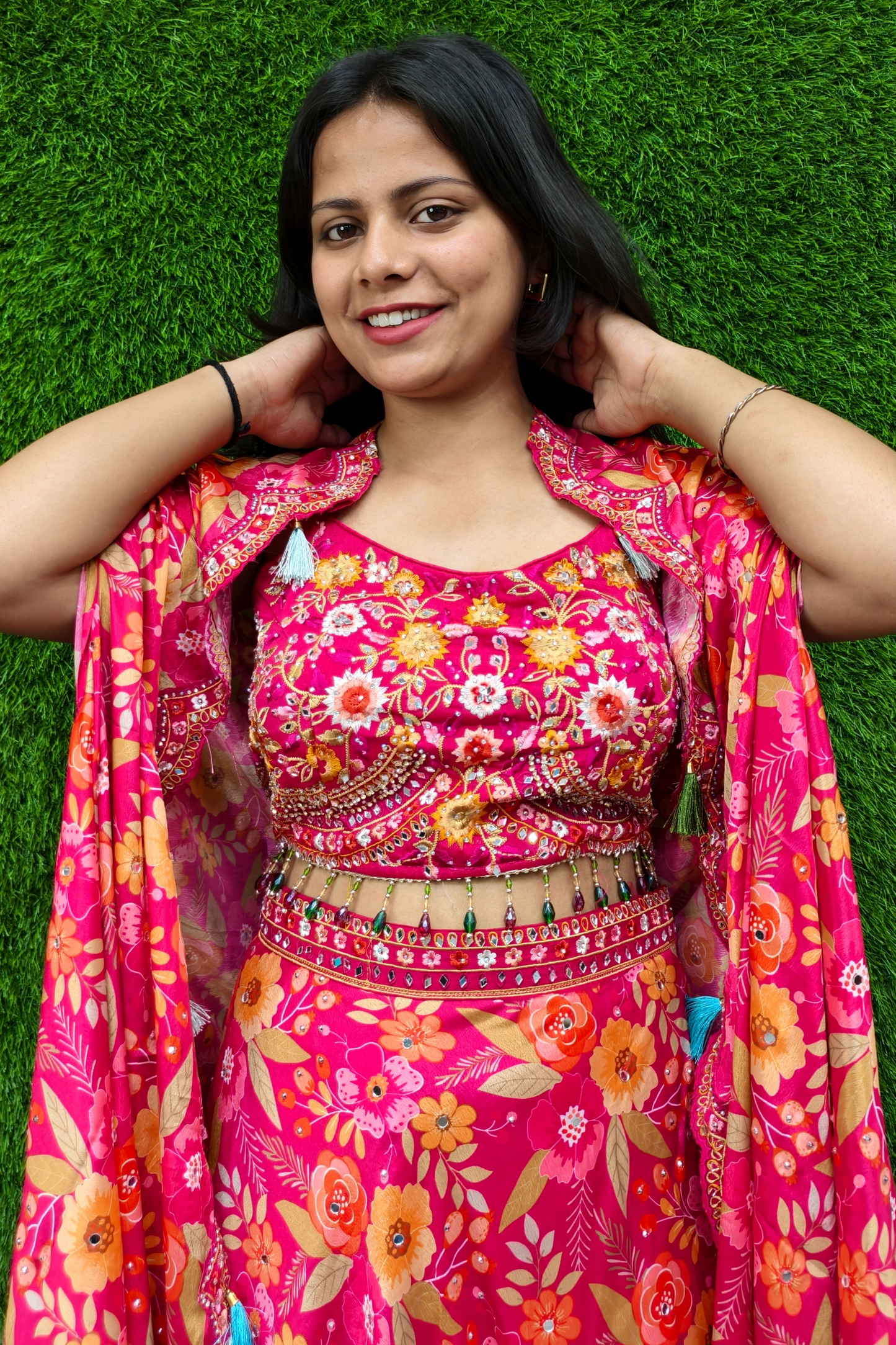 Printed Crop Top Skirt with Shrug for Sangeet Ceremony