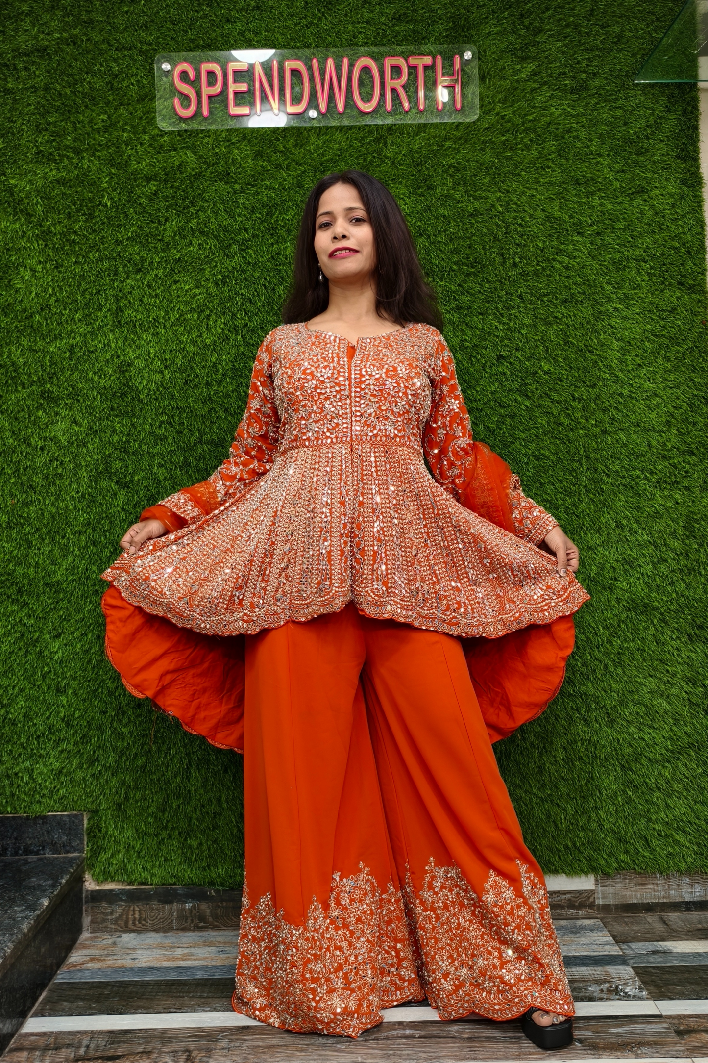 Mirror work Tail Cut Sharara suit in Orange.