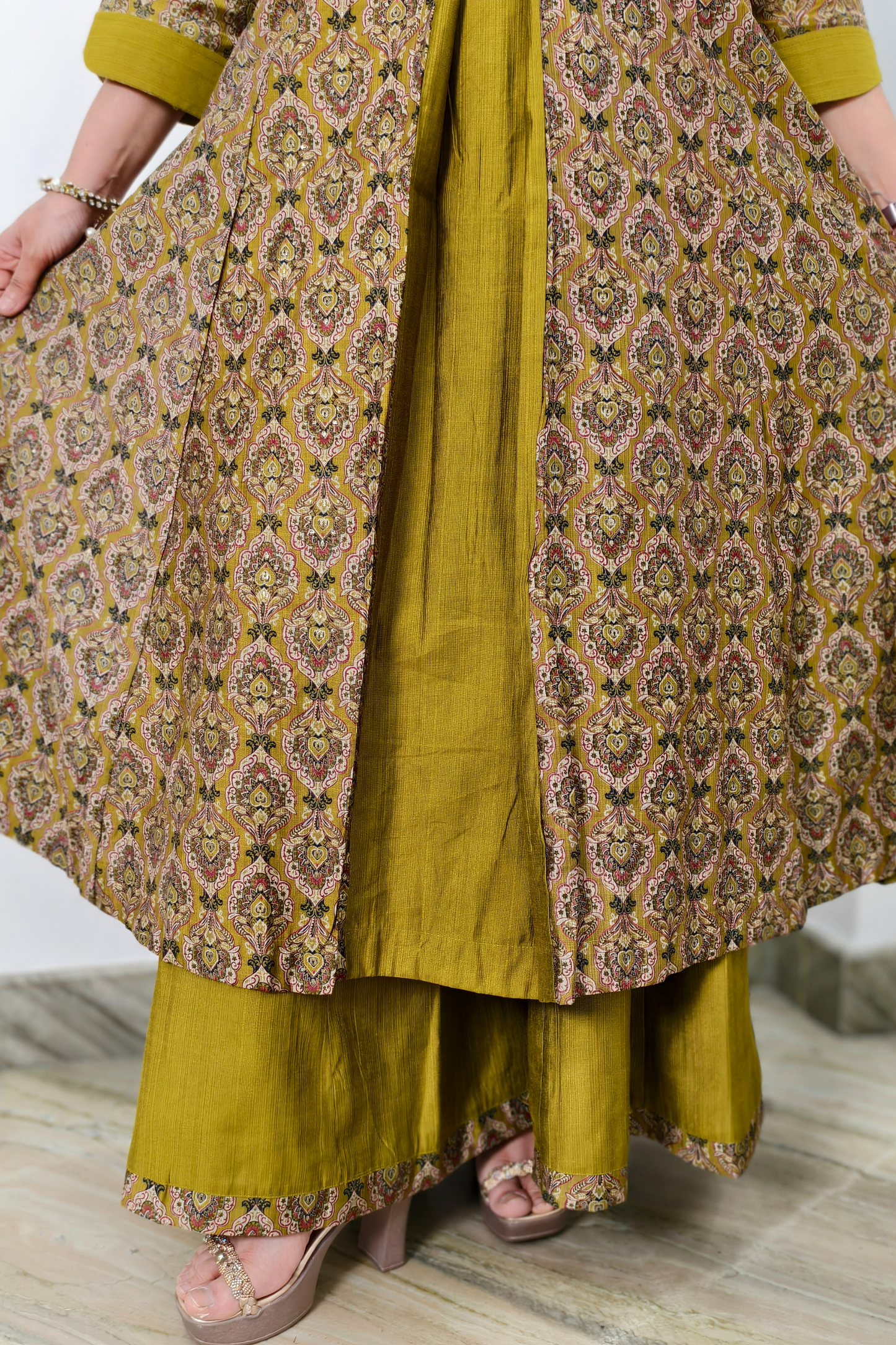 Stylish Silk Printed Aline Kurta Set in Mehndi Colour