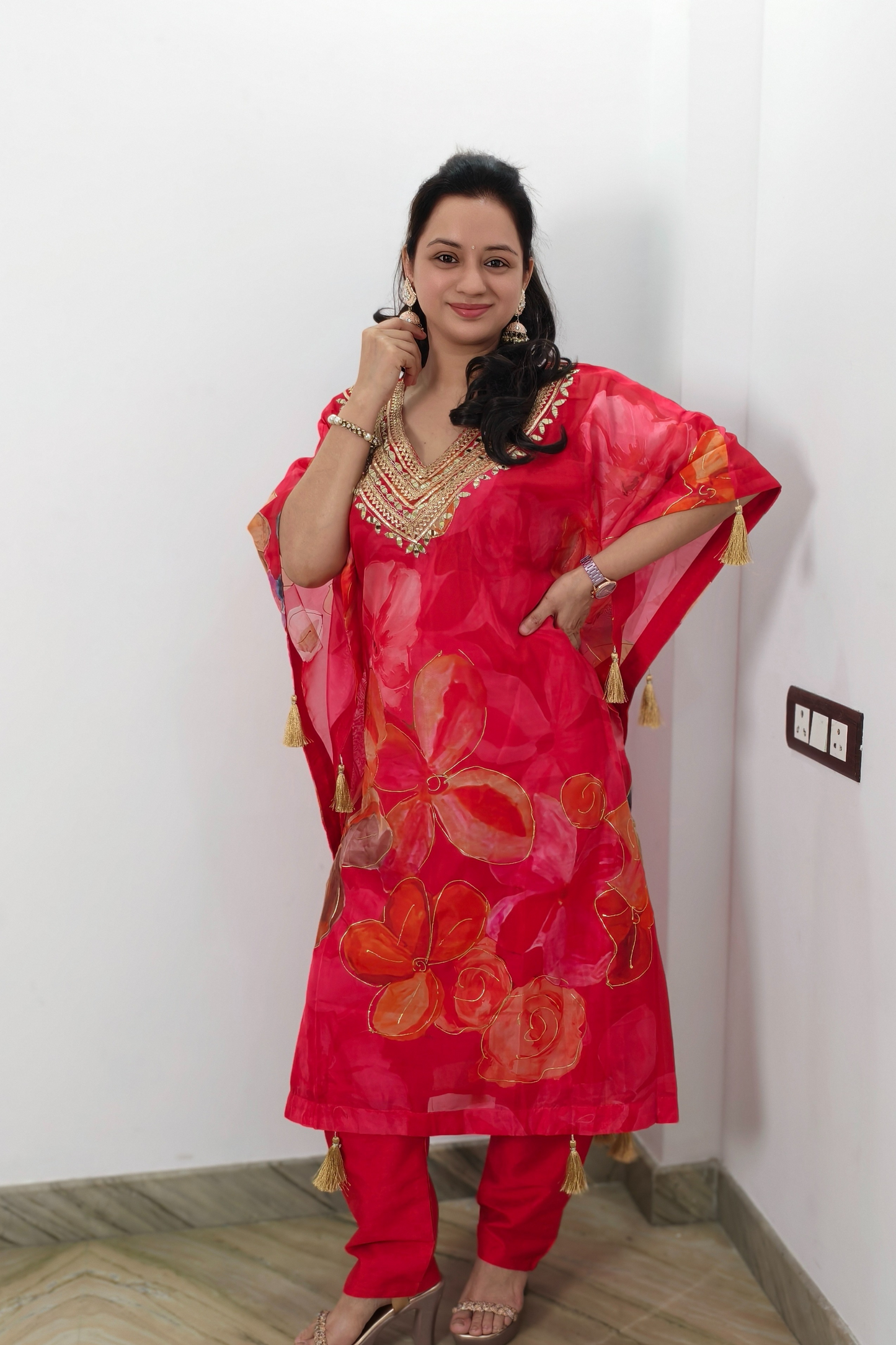 Beautiful Party Wear Kaftan Set with Mirror Work Embroidery