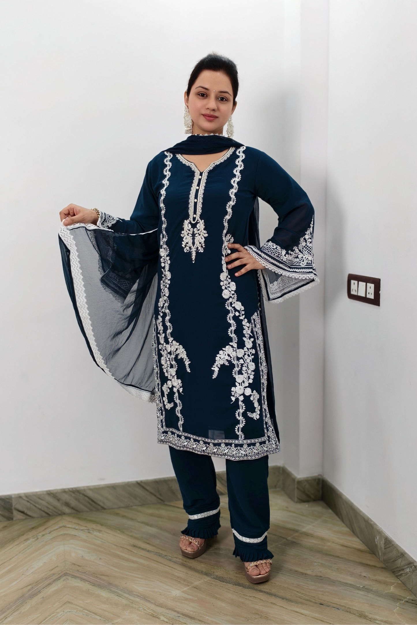 Straight lace Embroidered Crochet Work Pakistani Suit