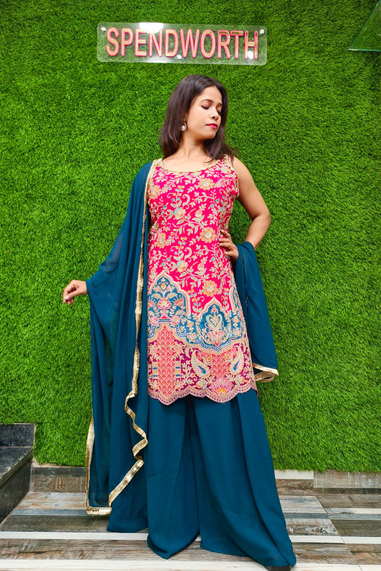 Beautiful Partywear Contrast Sharara Suit in hot Pink