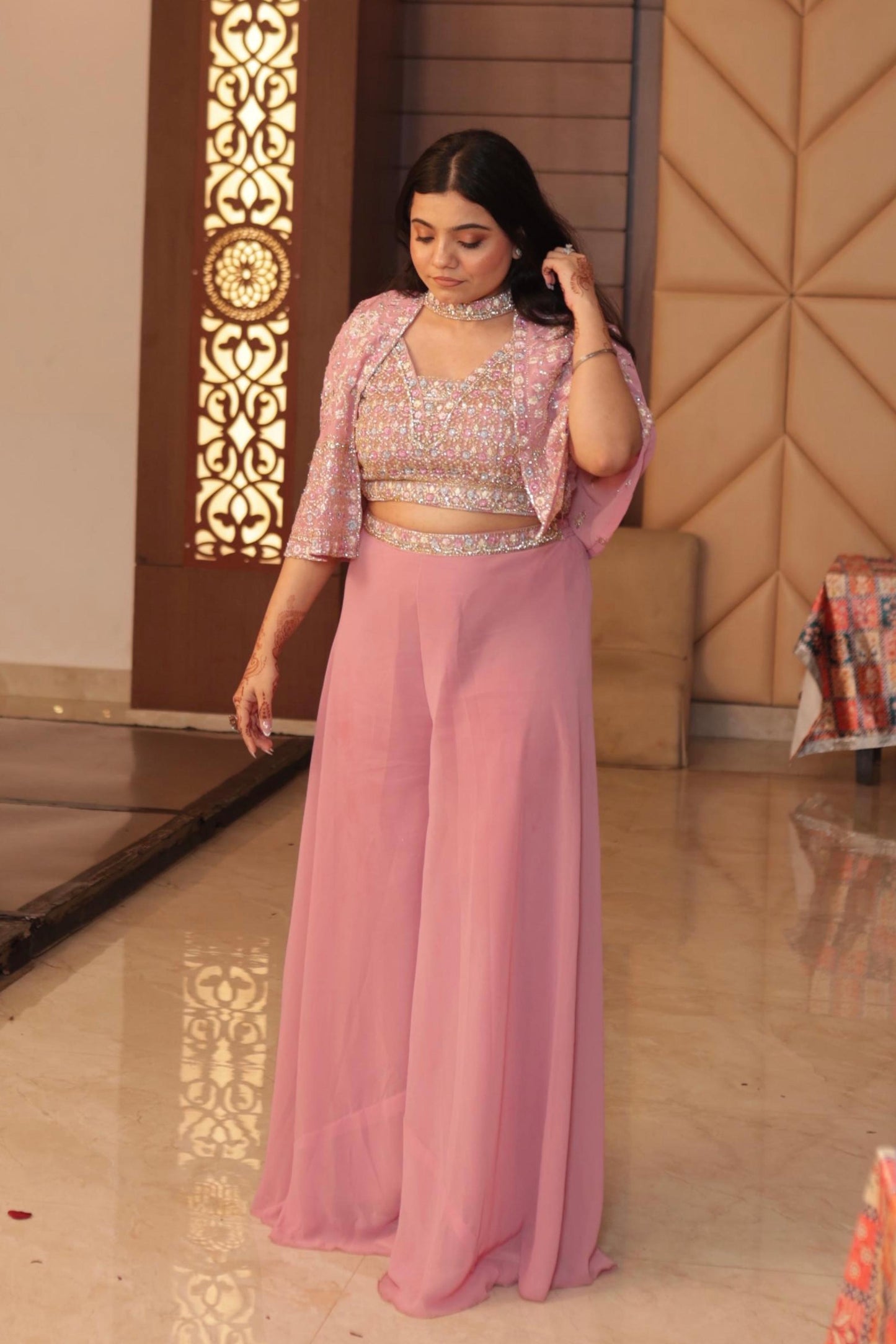 Partywear Crop Top Sharara Dress With Separate Cape Shrug In georgette