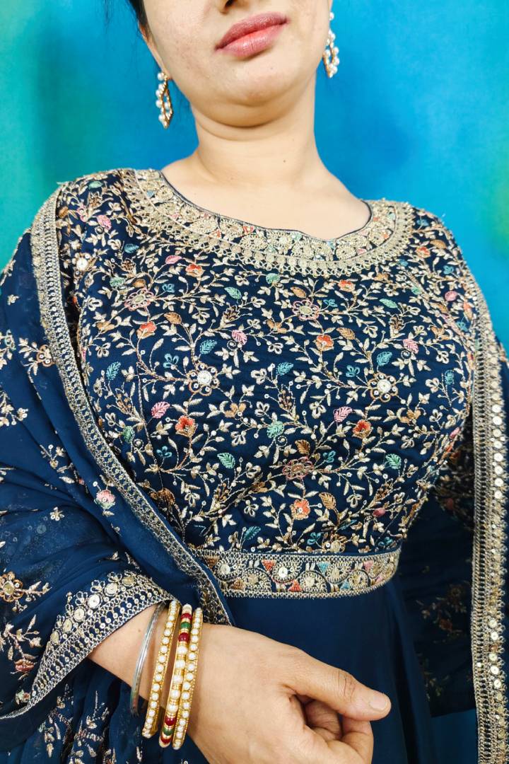 Chinon Silk Anarkali Dress With Heavy Duppatta In Peacock Blue