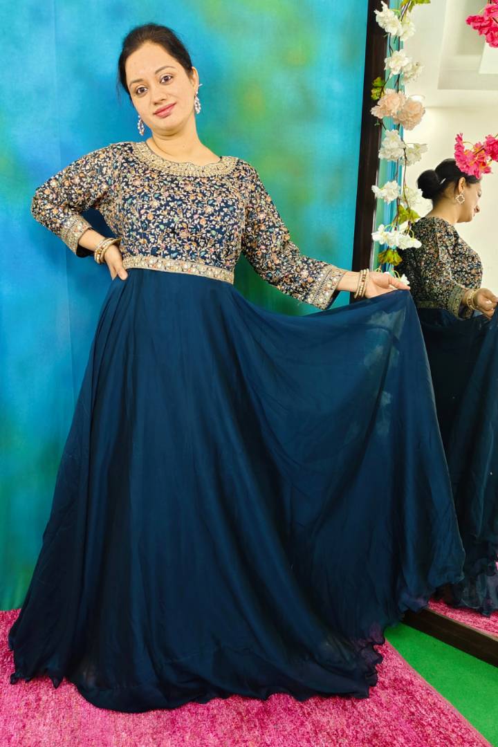 Chinon Silk Anarkali Dress With Heavy Duppatta In Peacock Blue