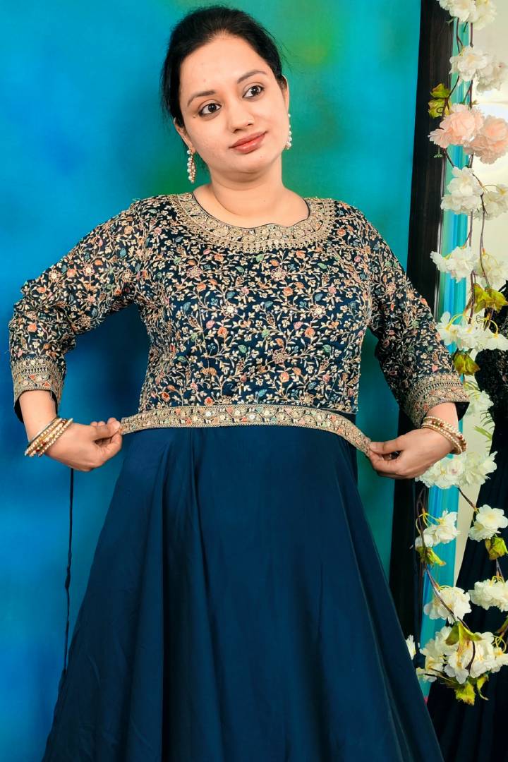 Chinon Silk Anarkali Dress With Heavy Duppatta In Peacock Blue