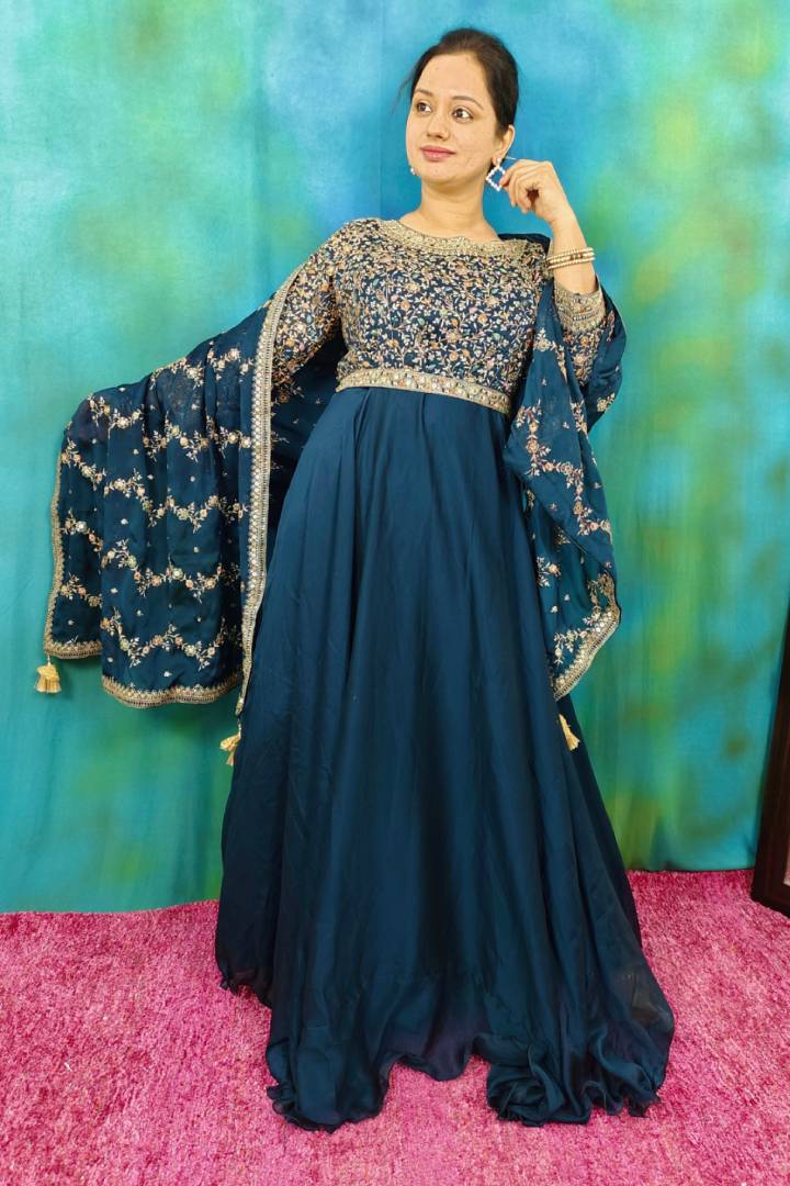 Chinon Silk Anarkali Dress With Heavy Duppatta In Peacock Blue