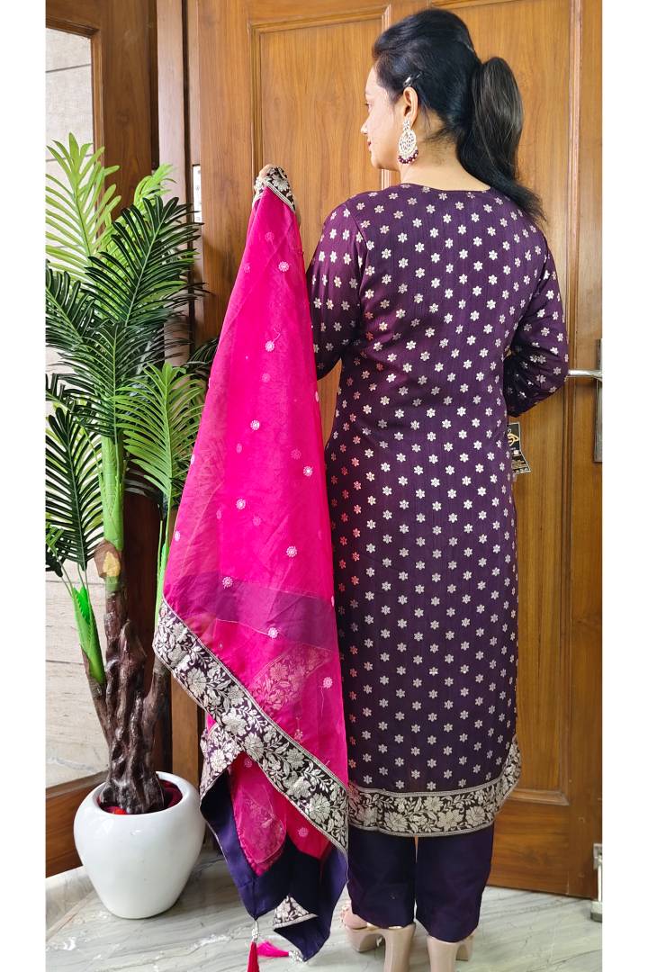 Banarasi Silk Suit With Contrast Organza Duppatta in Wine