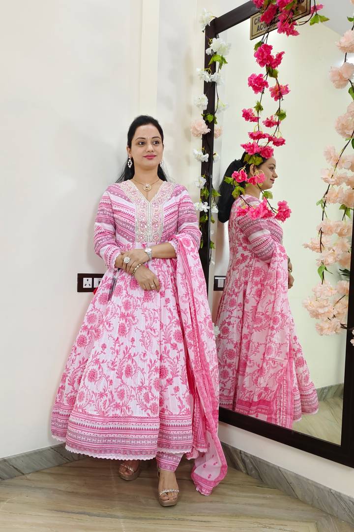 Anarkali Printed MulMul Kurta Set With Duppatta In Pink