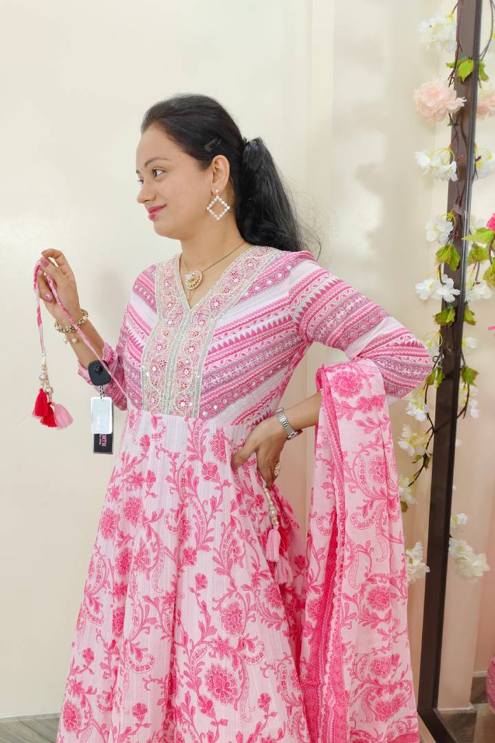 Anarkali Printed MulMul Kurta Set With Duppatta In Pink