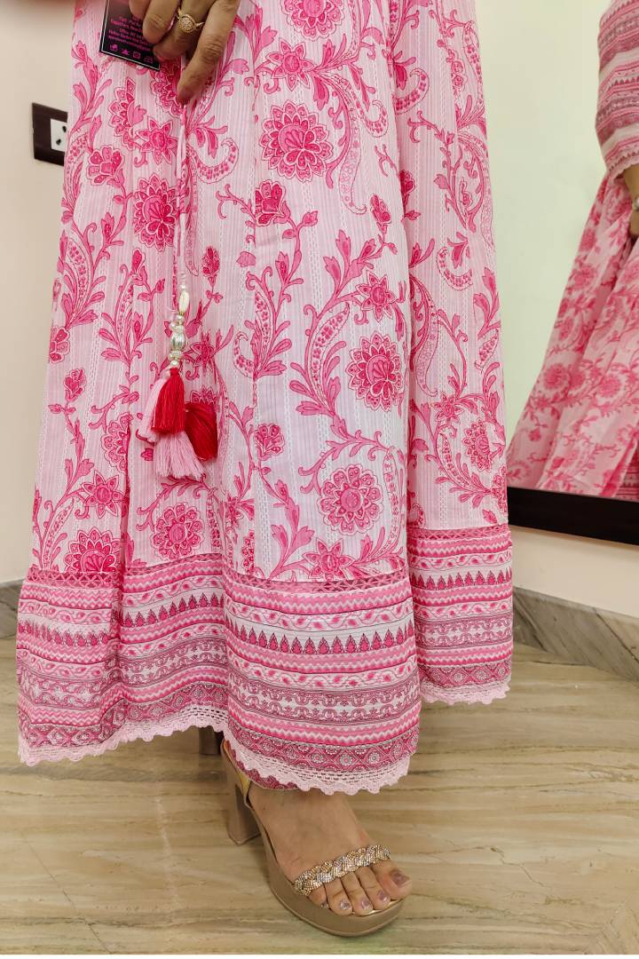 Anarkali Printed MulMul Kurta Set With Duppatta In Pink