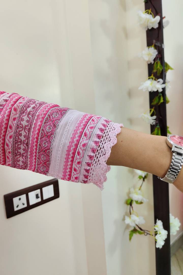 Anarkali Printed MulMul Kurta Set With Duppatta In Pink
