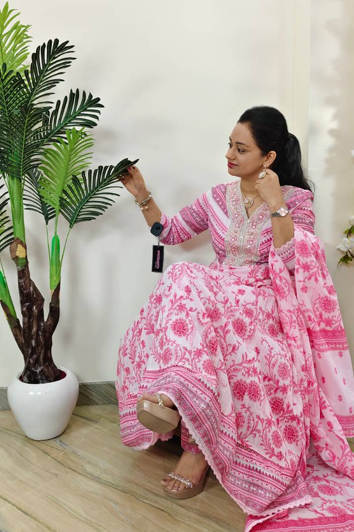Anarkali Printed MulMul Kurta Set With Duppatta In Pink