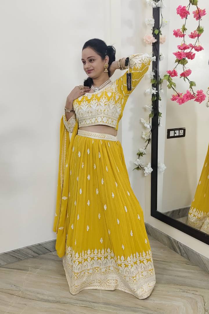 Georgette Crop Top Skirt In Yellow with Contrast Embroidery