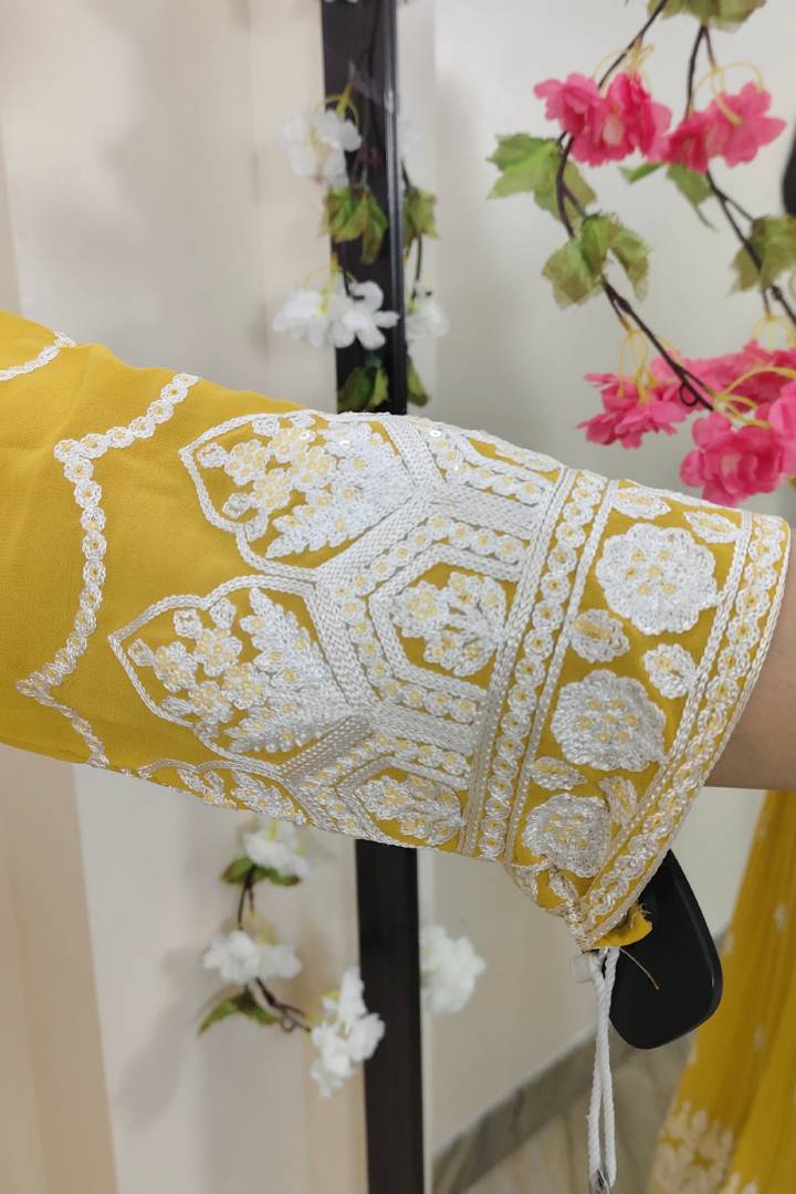 Georgette Crop Top Skirt In Yellow with Contrast Embroidery