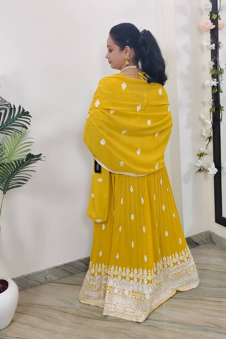 Georgette Crop Top Skirt In Yellow with Contrast Embroidery