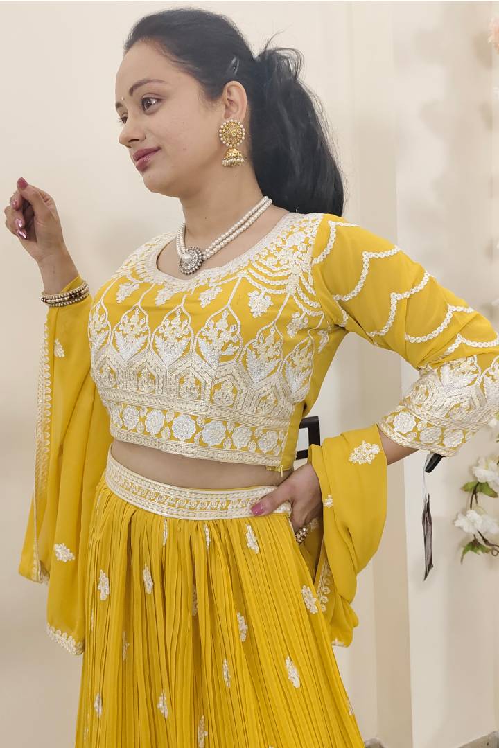 Georgette Crop Top Skirt In Yellow with Contrast Embroidery