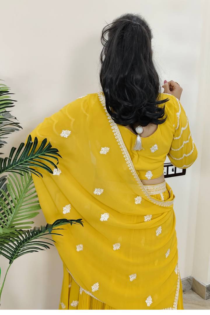 Georgette Crop Top Skirt In Yellow with Contrast Embroidery
