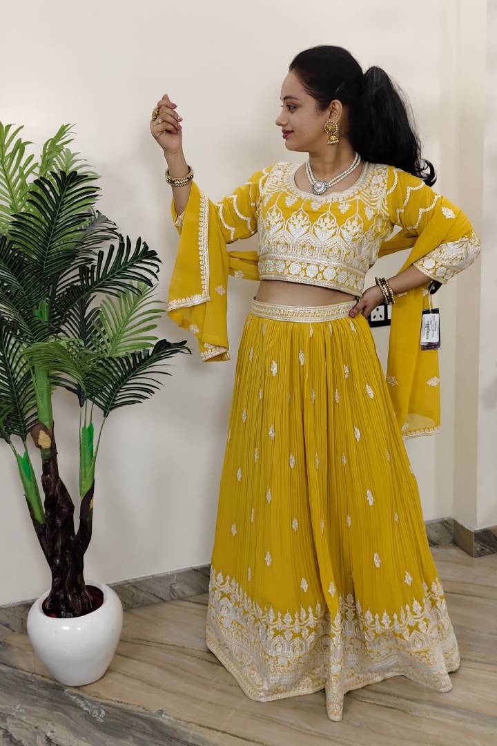 Georgette Crop Top Skirt In Yellow with Contrast Embroidery
