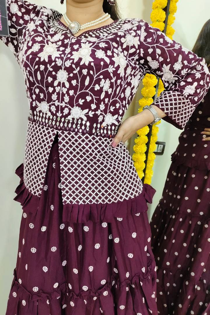 Peplum Indo Western Dress with Skirt in Wine