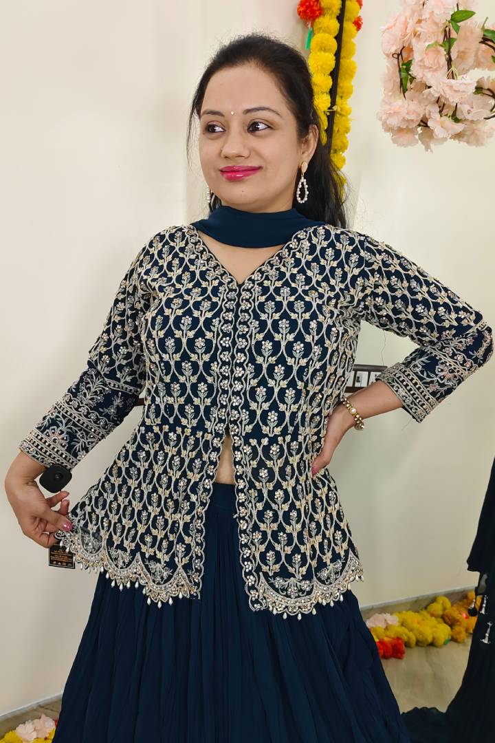 Full Sleeves Peplum top Dress With Skirt In Blue