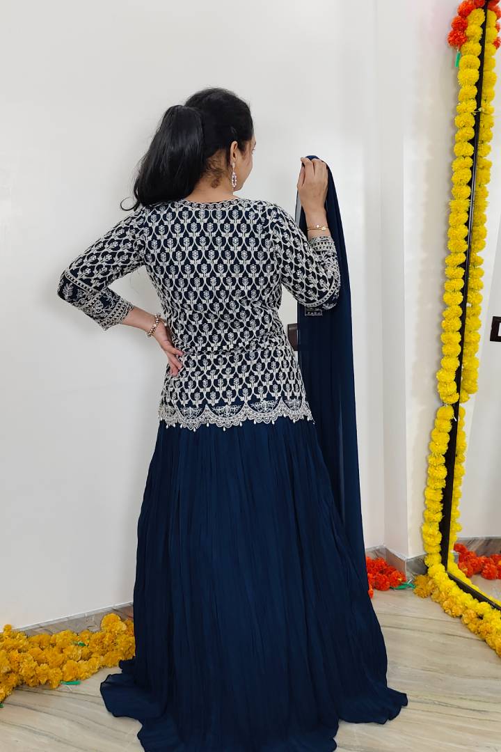Full Sleeves Peplum top Dress With Skirt In Blue